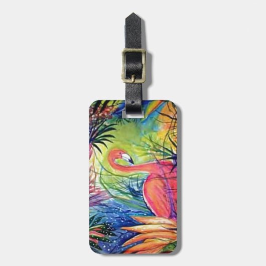 ピンクのフラミンゴのSanibelの真夜中の水彩画の絵画 ラゲッジタグ (正面縦)