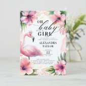 ピンクのフラミンゴはっきりしたトロピカルピンクの女の子の赤ちゃんシャワー 招待状 (スタンド正面)