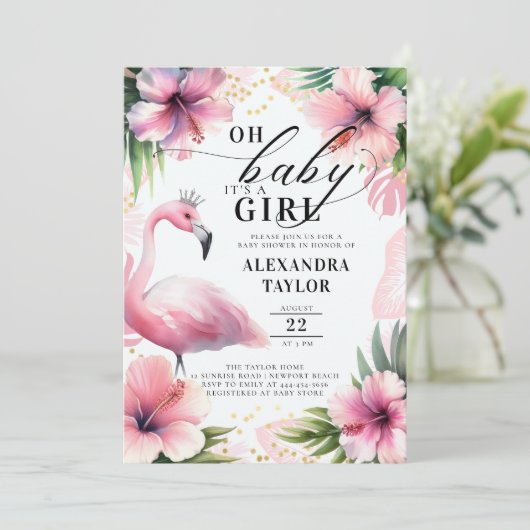 ピンクのフラミンゴはっきりしたトロピカルピンクの女の子の赤ちゃんシャワー 招待状 (スタンド正面)
