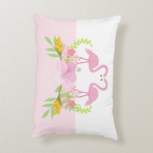 ピンクのフラミンゴは鳥の熱帯花を愛する アクセントクッション (裏面(縦))