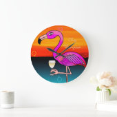 ピンクのフラミンゴを飲むワパーソナライズされたイン ラージ壁時計 (ホーム)