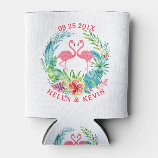 ピンクのフラミンゴカラフルス熱帯花リース 缶クーラー (正面)