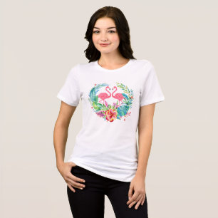 ピンクのフラミンゴカラフルス&トロピカルフラワーズリース トライブレンドＴシャツ