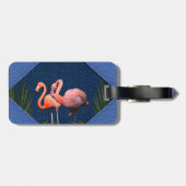 ピンクのフラミンゴクラシックの青いファブリック ラゲッジタグ (裏面横)