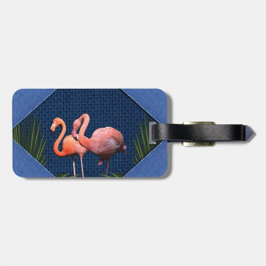 ピンクのフラミンゴクラシックの青いファブリック ラゲッジタグ (裏面横)