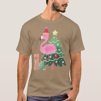 ピンクのフラミンゴクリスマスツリートロピカルサマークリスマス Tシャツ