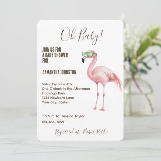 ピンクのフラミンゴグリーン白いストライプ赤ちゃんシャワー 招待状 (スタンド正面)