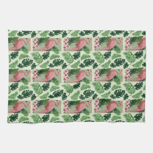ピンクのフラミンゴグリーン離れのユリ キッチンタオル (横)