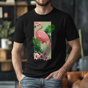 ピンクのフラミンゴグリーン離れのユリ トライブレンドTシャツ