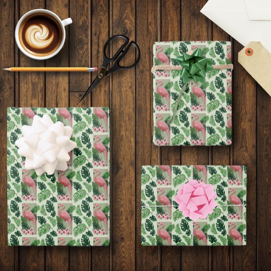 ピンクのフラミンゴグリーン離れのユリ ラッピングペーパーシート