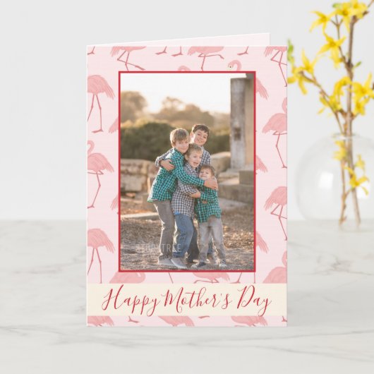 ピンクのフラミンゴスがお母さんの日の写真に カード (黄色い花)