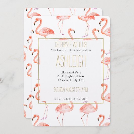 ピンクのフラミンゴスの水彩 招待状 (正面/裏面)
