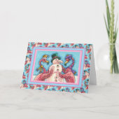 ピンクのフラミンゴスの雪だるま、おもしろいクリスマスバード シーズンカード (正面)