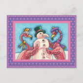 ピンクのフラミンゴスの雪だるま、おもしろいクリスマスバード シーズンポストカード (正面)