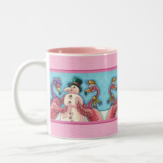 ピンクのフラミンゴスの雪だるま、おもしろいクリスマスバード ツートーンマグカップ (左)