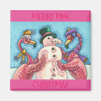 ピンクのフラミンゴスの雪だるま、おもしろいクリスマスバード マグネット