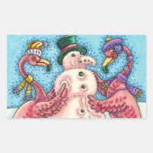 ピンクのフラミンゴスの雪だるま、おもしろいクリスマスバード 長方形シール (正面)