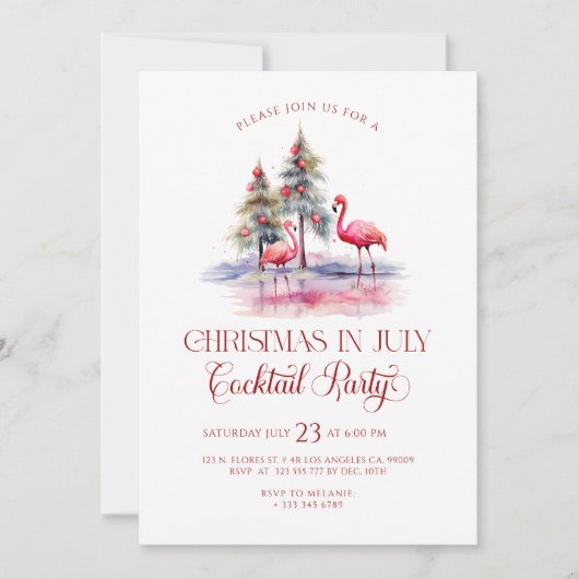 ピンクのフラミンゴスクリスマスインジュアルカクテルパーティー 招待状 (正面)