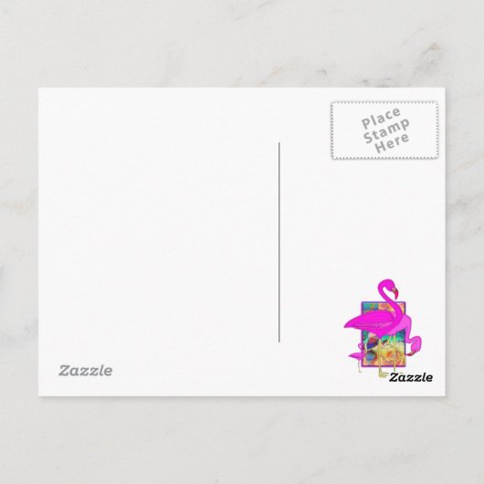 ピンクのフラミンゴスシェルとハイビスカスアートの科 ポストカード (裏面)