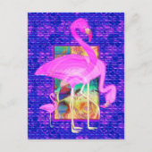 ピンクのフラミンゴスシェルとハイビスカスアートの科 ポストカード (正面)