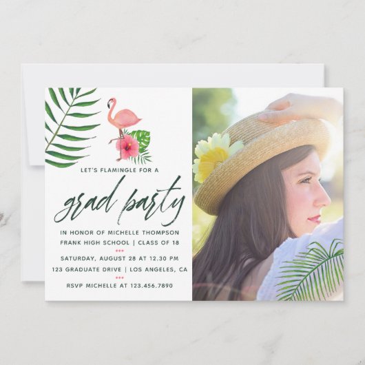 ピンクのフラミンゴトロピカルウォーターカラールアウ卒業 招待状 (正面)