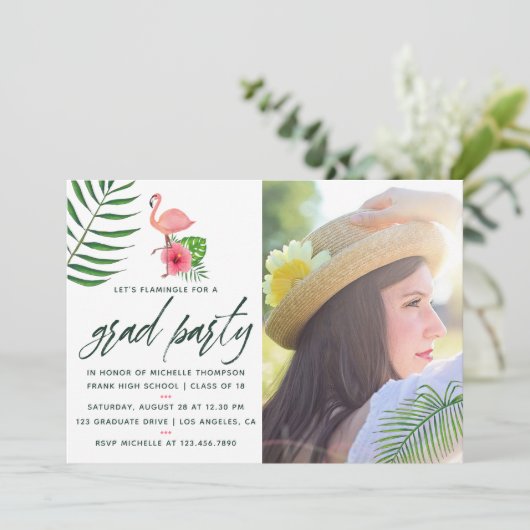 ピンクのフラミンゴトロピカルウォーターカラールアウ卒業 招待状 (スタンド正面)