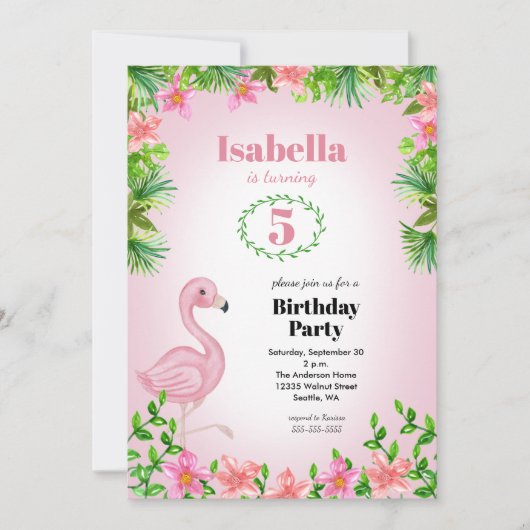 ピンクのフラミンゴトロピカルガールズバースデー 招待状 (正面)