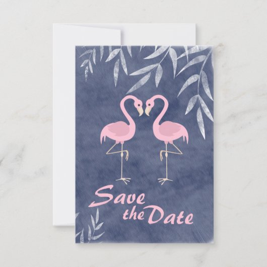 ピンクのフラミンゴトロピカルビーチウェディング・セーブ・ザ・デート 招待状 (正面)