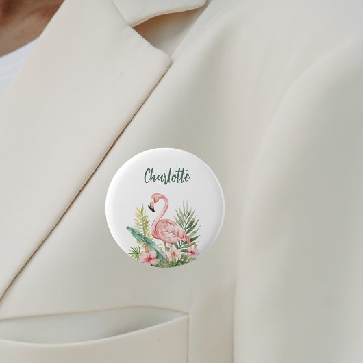 ピンクのフラミンゴトロピカルフラワーネームタグ 缶バッジ