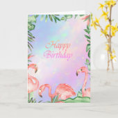 ピンクのフラミンゴトロピカルホログラフィック誕生日 カード (黄色い花)