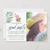 ピンクのフラミンゴトロピカル ウォーターカラー ルアウ 卒業パーティー 招待状 (正面)