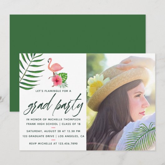 ピンクのフラミンゴトロピカル ウォーターカラー ルアウ 卒業パーティー 招待状 (正面/裏面)