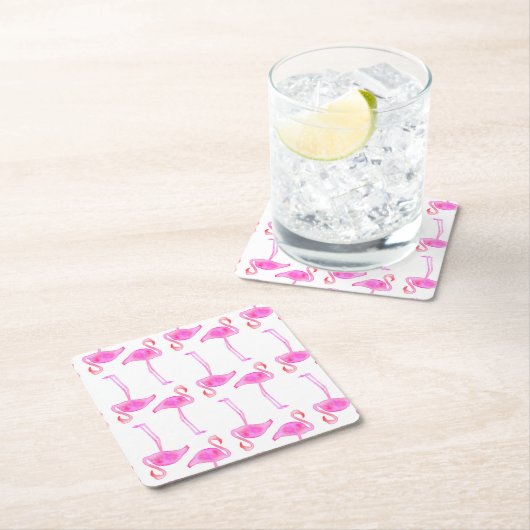 ピンクのフラミンゴパターン2 スクエアペーパーコースター (インサイチュ)