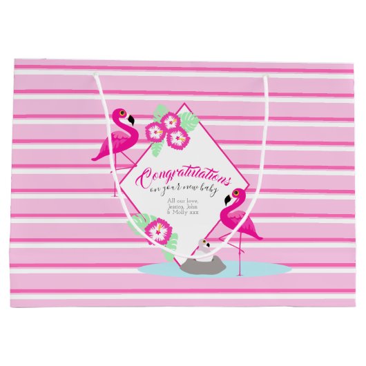 ピンクのフラミンゴパーソナライズされた赤ちゃんシャワー抱き枕 ラージペーパーバッグ (裏面)