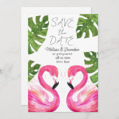 ピンクのフラミンゴビーチトロピカルリーフウェディング 招待状 (正面/裏面)