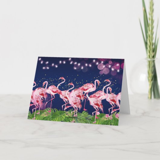 ピンクのフラミンゴメリーの群れクリスマスフラミンゴ シーズンカード (裏面)