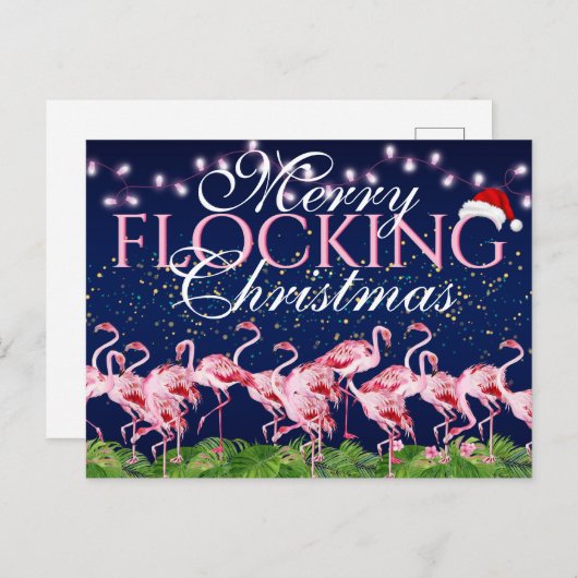 ピンクのフラミンゴメリーの群れクリスマスフラミンゴ シーズンポストカード (正面/裏面)