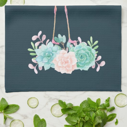 ピンクのフラミンゴヤシの木とフローラ多肉類 キッチンタオル (折り畳み)