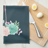 ピンクのフラミンゴヤシの木とフローラ多肉類 キッチンタオル (四つ折り)