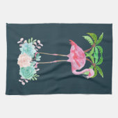 ピンクのフラミンゴヤシの木とフローラ多肉類 キッチンタオル (横)