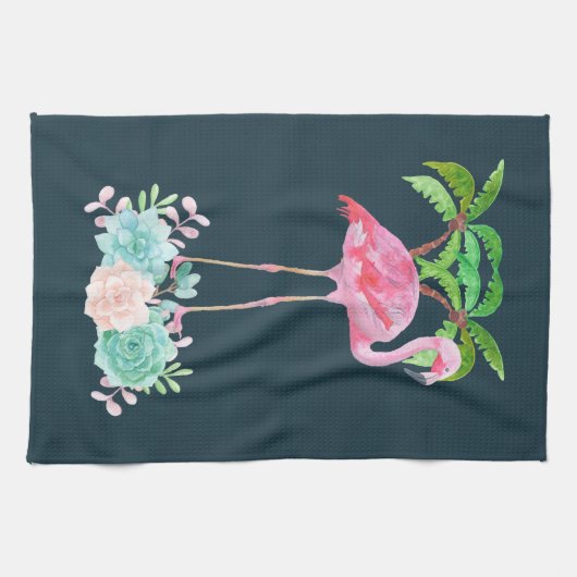 ピンクのフラミンゴヤシの木とフローラ多肉類 キッチンタオル (横)