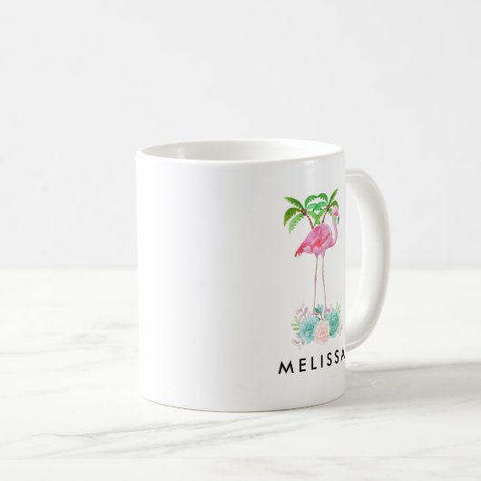 ピンクのフラミンゴヤシの木とフローラ多肉類 コーヒーマグカップ (正面右)