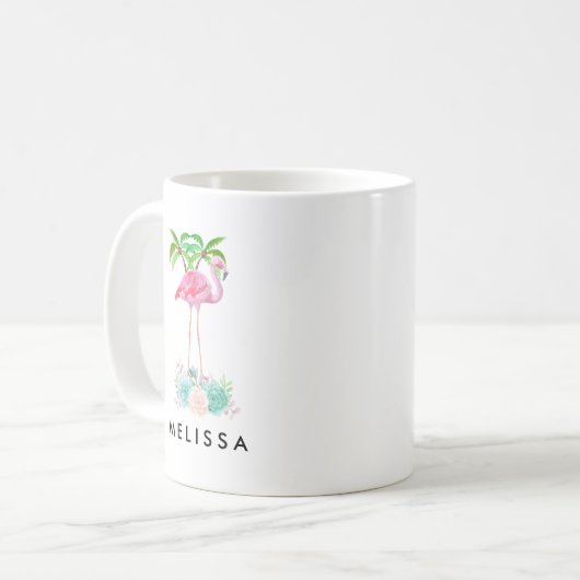 ピンクのフラミンゴヤシの木とフローラ多肉類 コーヒーマグカップ (正面左)