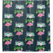 ピンクのフラミンゴヤシの木とフローラ多肉類 シャワーカーテン (正面)