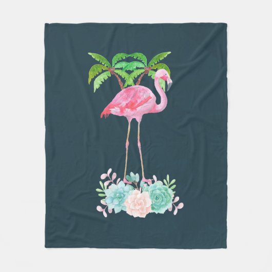 ピンクのフラミンゴヤシの木とフローラ多肉類 フリースブランケット (正面)