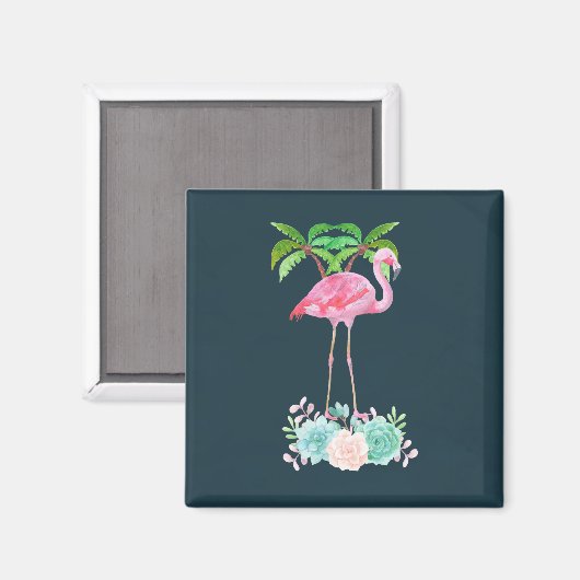 ピンクのフラミンゴヤシの木とフローラ多肉類 マグネット (正面/裏面)