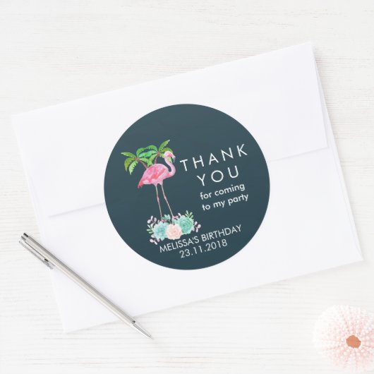 ピンクのフラミンゴヤシの木とフローラ多肉類 ラウンドシール (封筒)