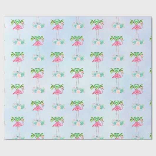 ピンクのフラミンゴヤシの木とフローラ多肉類 ラッピングペーパー (フラット)