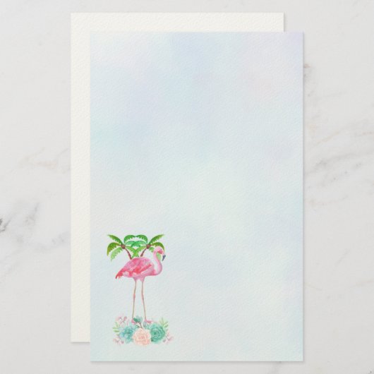 ピンクのフラミンゴヤシの木とフローラ多肉類 便箋 (正面/裏面)