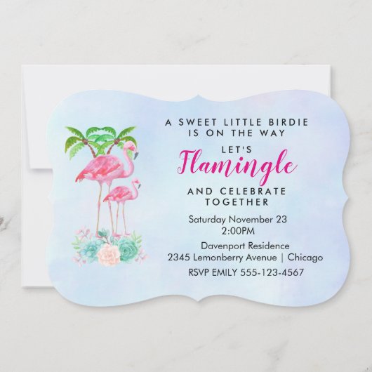 ピンクのフラミンゴヤシの木とフローラ多肉類 招待状 (裏面)